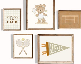 Sage Green Tennis Nursery Art Set of 5: Custom Name, Teddy Bear, Court