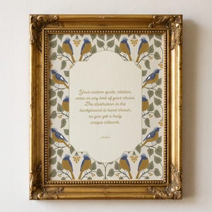 May include: A gold ornate frame containing a print with a central cream-colored panel for text, surrounded by a repeating pattern of blue and yellow birds perched on leafy branches. The text reads: Your custom quote, citation, verse or any text of your choice.