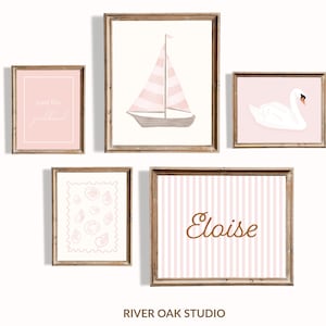 Coastal Girl Nursery Gallery Wall Art Set of 5, Pink Watercolor Paintings for Toddler Girl&#39;s Room Prints Custom Name Sailboat Seashells