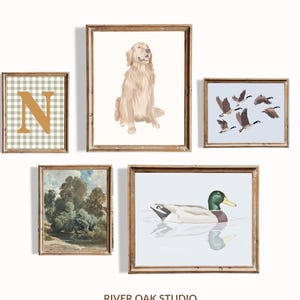 Animals Nursery Room Decor Set of 5 Prints with Vintage Mallard Duck Canada Geese Golden Retriever Dog Gingham Initial Sign Big Boy Room Art