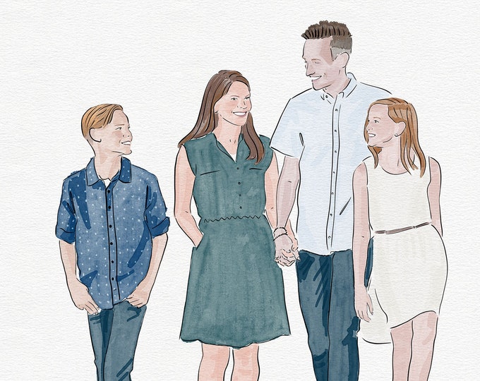 Hand Painted Custom Family Illustration from Photo, Personalized Gift with Last Name, Watercolor and Ink Drawing, Custom Family Portrait