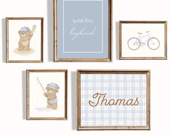 Boy Nursery Gallery Wall Art Set, Watercolor Teddy Bear, Sports Theme (Digital Prints)