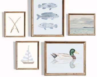 Fishing Nursery Print Set: Mallard Duck, Sailboat, Coastal Art (Digital Download)