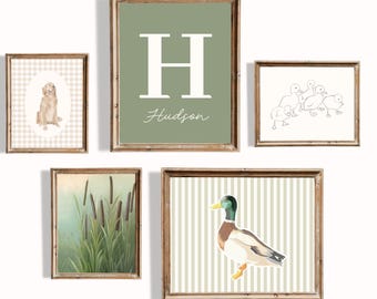 Vintage Duck Nursery Art Prints Set of 5 Gallery Wall with Custom Name Sign, Golden Retriever Dog Gingham Green Beige Boy Room Decor
