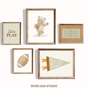 Football Nursery Art Prints, Vintage Teddy Bear, Sage Green Custom Name Pennant (Digital Download)