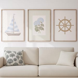 Beach House Coastal Wall Art Set of 3, Sailboat Striped Floral Hydrangea Botanical Prints, French Country Decor, Grandmillenial Nursery