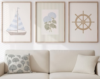 Coastal Wall Art Set of 3: Watercolor Sailboat, Hydrangea, Ship Wheel Prints (Digital Download)