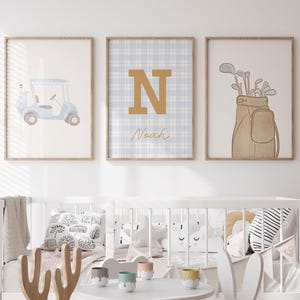 Personalized Golf Nursery Gallery Wall Art Set of 3 Prints, Blue Golf Custom Name Initial Tartan baby toddler boy room decor