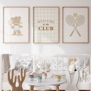 Tennis Nursery Prints Set of 3 Gallery Wall Art, Teddy Bear Tennis Rackets and Ball, vintage sports toddler boy room wall decor, hand drawn