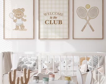Tennis Nursery Prints Set: Watercolor Teddy Bear, Vintage Sports Art (Digital Download)