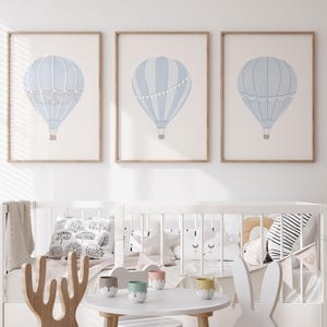 Hot Air Balloon Nursery Set of 3 Gallery Wall Art, Pastel Blue Vintage Style Hot Air Balloon Prints, cottagecore toddler boy room decor