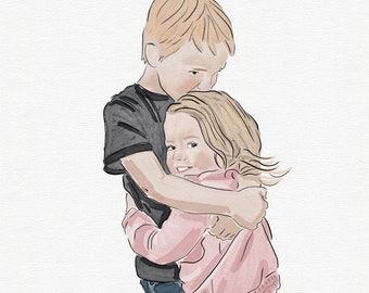 Watercolor Brother and Sister Portrait from Photo, Custom Mothers Day or Fathers Day Gift with Family Children Kids Daughter and Son