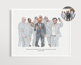 Groomsmen Gifts Idea Custom Portrait from Photo, Personalized Watercolor Painting from Photo, Large Groupe of Best Friends Portrait