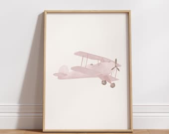 Vintage tweedekker aquarelprint: roze vliegtuig kinderkamerkunst (digitale download)