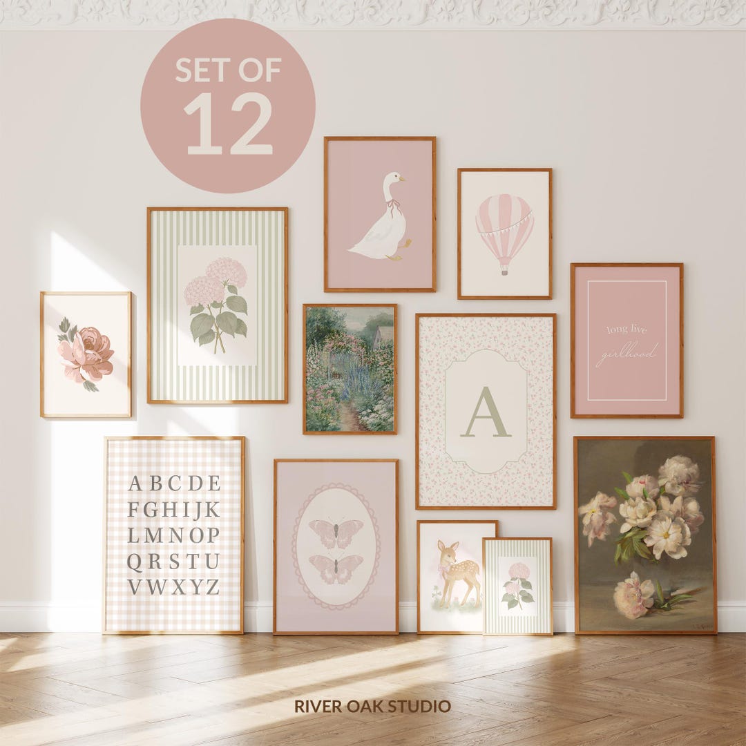 Baby Girl Pink Floral Art Prints: Vintage Nursery Gallery Wall Art Set ...