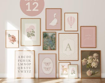 Baby Girl Pink Floral Art Prints: Vintage Nursery Gallery Wall Art Set of 12