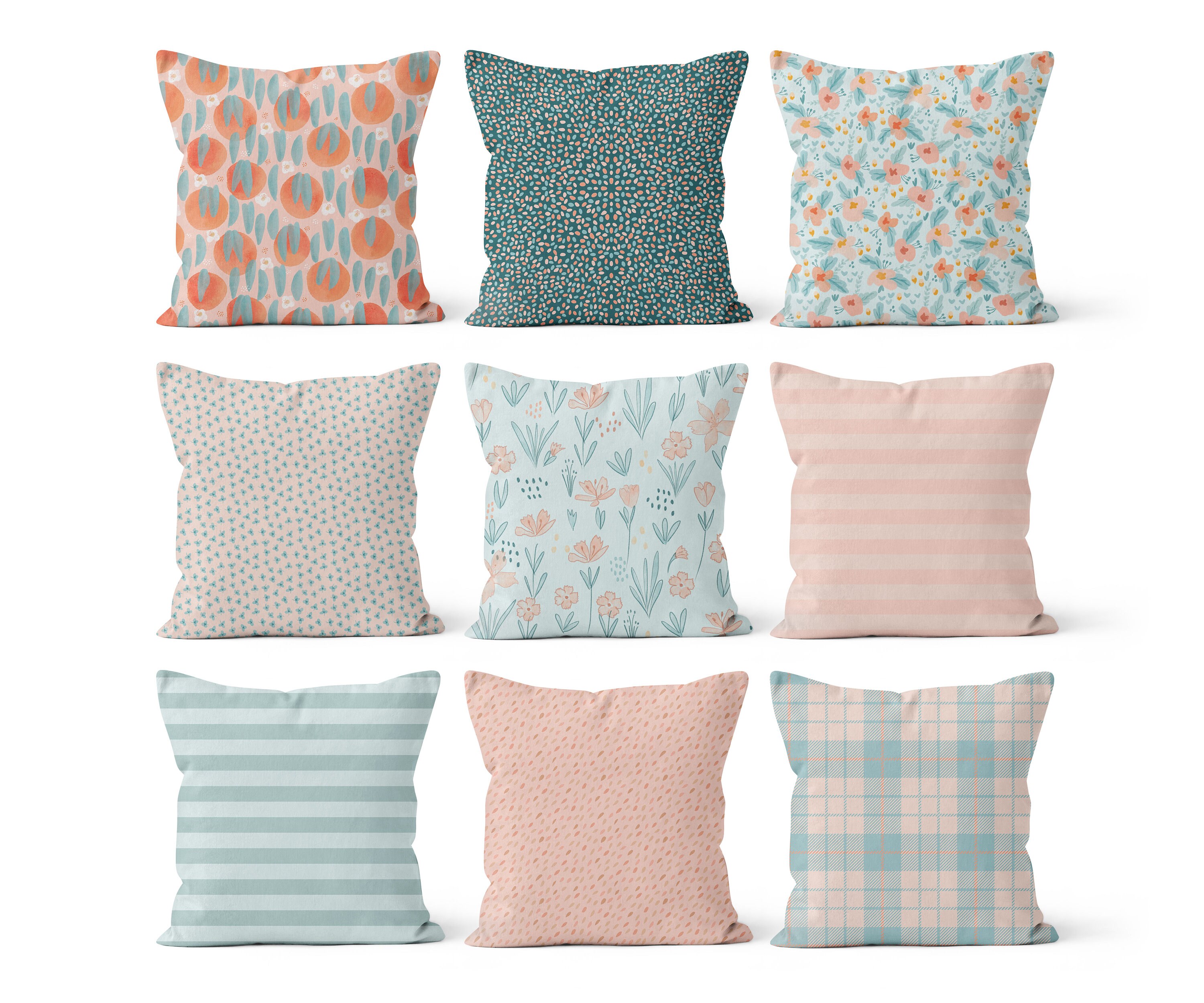 Peach and Teal Throw Pillow Cover Set Pink Blue Green Etsy