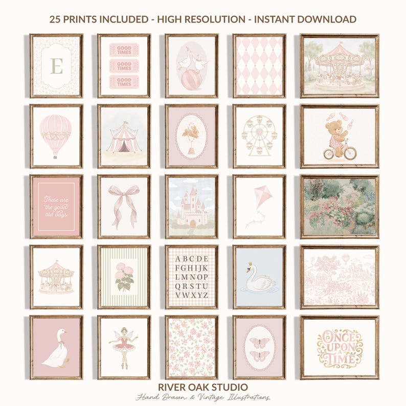 Pink Circus Girl Nursery Gallery Wall Art: Vintage Carousel & Animal ...