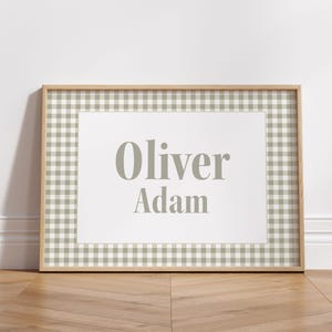 Personalized First and Middle Name on Gingham Digital Print, Custom Wall Art for Girls and Boys Nursery or Room Decor in vintage sage green