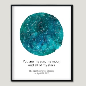 Mapa estelar, regalo único personalizado, regalo romántico de aniversario, eres mi sol, mi luna y todas mis estrellas, impresión personalizada del cielo nocturno