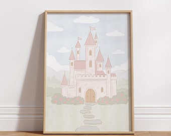 Watercolor Fairy Tale Castle Print: Pastel Princess Nursery Wall Art Decor (Digital Download)
