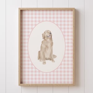 Golden Retriever Dog Print for Pink Gingham Girl Dog Nursery Wall Art Print, Golden Retriever Nursery Decor, Adorable Baby Shower Gift