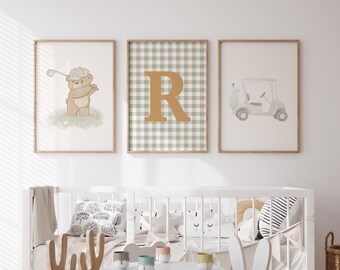 Set de arte infantil de golf: Osito de peluche vintage, inicial personalizada y carrito de golf (impresiones digitales)