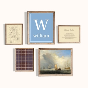 Juego de 5 impresiones digitales vintage para pared de galería con iniciales y nombres personalizados, mapa de la Isla del Tesoro, veleros y cuadros, piratas náuticos.