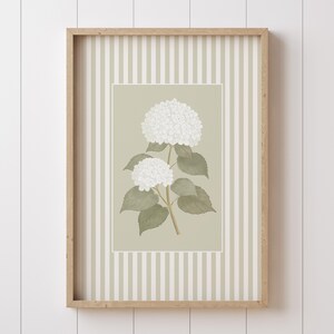 May include: A framed botanical print featuring white hydrangea flowers with green leaves and stems. The artwork is set against a light green background with a striped pattern, encased in a natural wood frame. The print is a decorative piece.