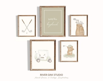 Baby Boy Golf Nursery Art Prints Set: Sage Teddy Bear, Vintage Cart and Clubs