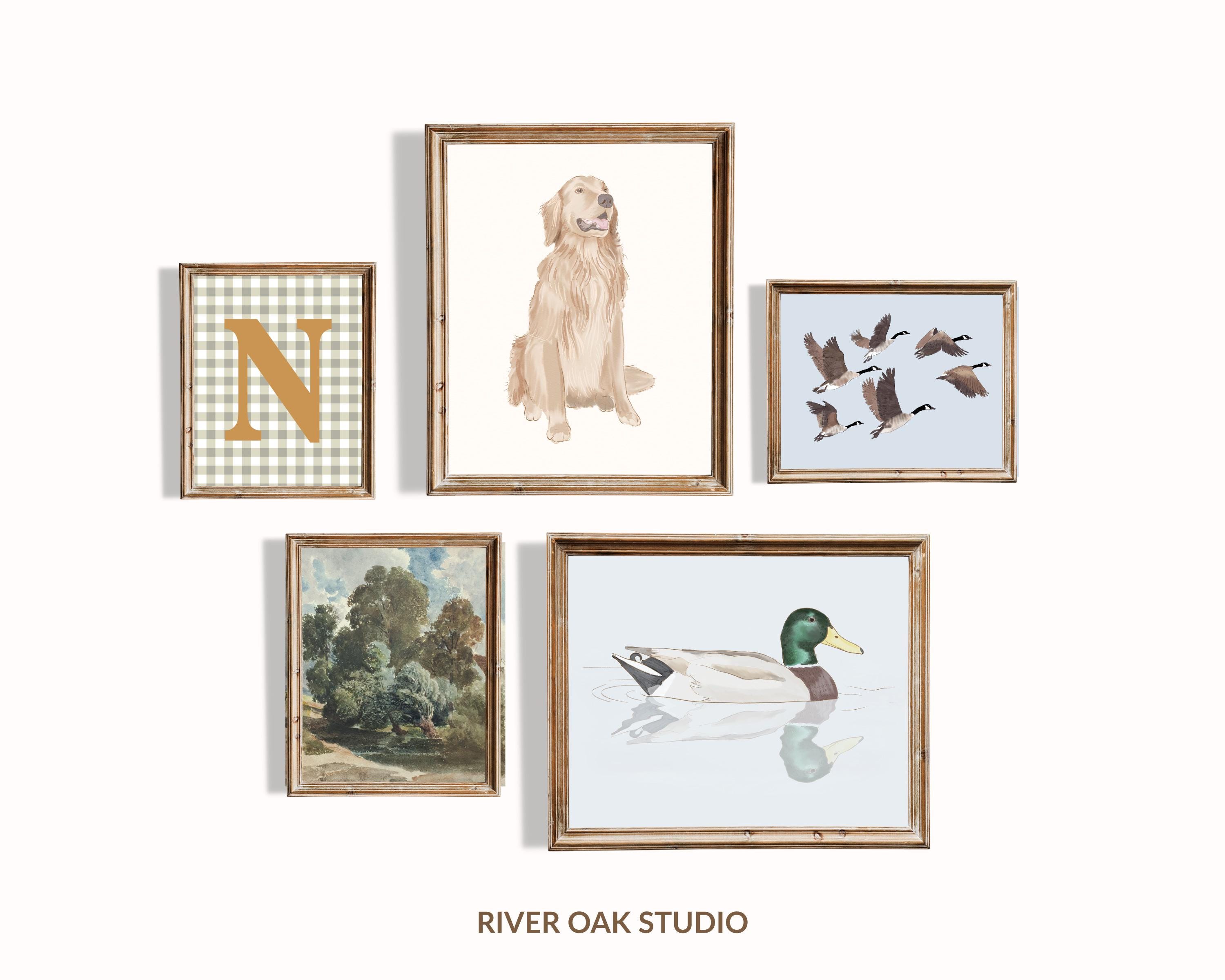 Animals Nursery Room Decor Set of 5 Prints with Vintage Mallard Duck Canada Geese Golden Retriever Dog Gingham Initial Sign Big Boy Room Art