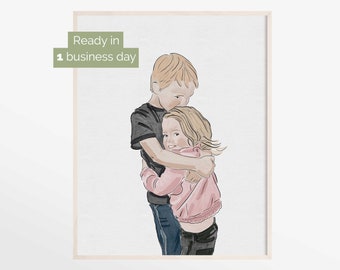 Watercolor Brother and Sister Portrait from Photo, Custom Mothers Day or Fathers Day Gift with Family Children Kids Daughter and Son