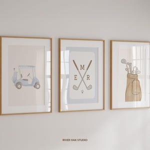 Set of 3 Golf Nursery Prints with Personalized Monogram, Custom Initials Golf Toddler Room Vintage, Blue Gingham Golf Kid Bedroom Decor