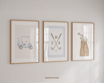 Set of 3 Golf Nursery Prints with Personalized Monogram, Custom Initials Golf Toddler Room Vintage, Blue Gingham Golf Kid Bedroom Decor