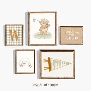 Sage Green Golf Nursery Set of 5 Gallery Wall Art Prints with Custom Name Pennant, Vintage Teddy Bear Golf Cart Boys and Girls Room Decor