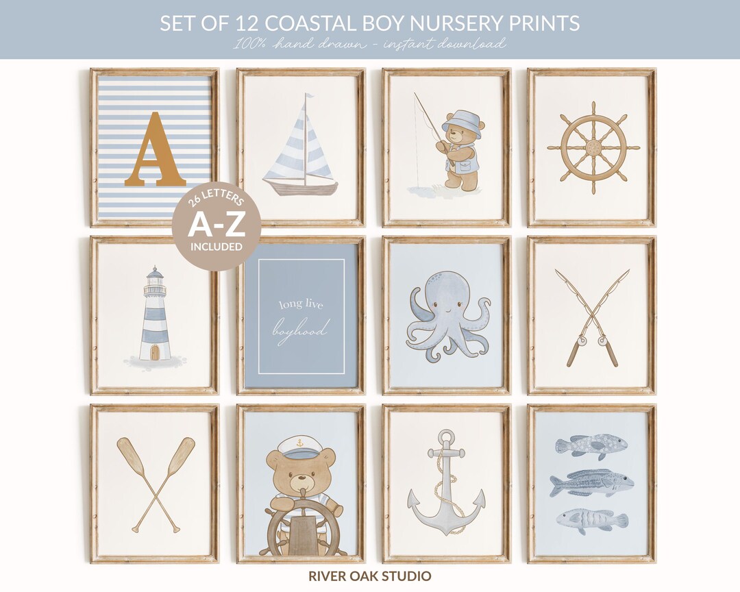 Coastal Nursery Art Prints: Boy Room Decor, Blue Nautical Theme (set of ...