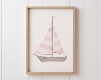 Pink Sailboat Watercolor Print: Nautical Nursery Decor (Digital Download)