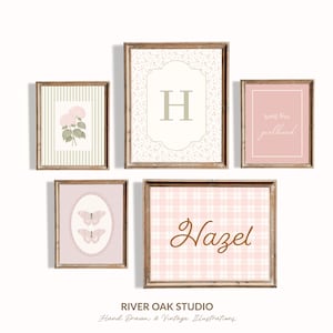 May include: A collection of five framed art prints with a vintage aesthetic. The prints feature floral and butterfly illustrations, the letter "H", and the name "Hazel" in a script font. The color palette includes soft pinks, greens, and browns.