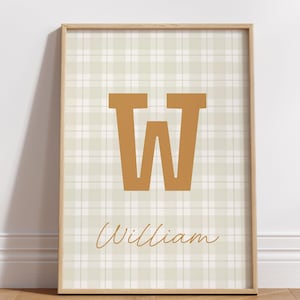 Impresión de nombre personalizada, letra inicial imprimible personalizada para arte mural infantil de estilo cottagecore, monograma de tartán verde salvia, regalo para baby shower