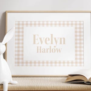 Baby First Name and Middle Name on Beige Gingham Personalized Digital Print, Custom Wall Art for Girl and Boy Vintage Neutral Nursery