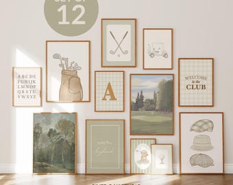 Láminas infantiles de golf en verde salvia: Juego de 12 piezas de arte de pared vintage para galería de niños pequeños
