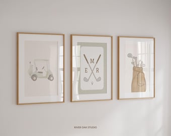Set of 3 Sage Green Golf Nursery Prints with Personalized Monogram, Custom Initials Golf Toddler Room Vintage Gingham Golf Kid Bedroom Decor