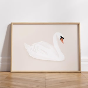 White Swan Art Print, Gender Neutral Beige Farmhouse Nursery Swan Wall Art, Vintage Printable Poster Swan Nursery or Toddler Girl Room Decor