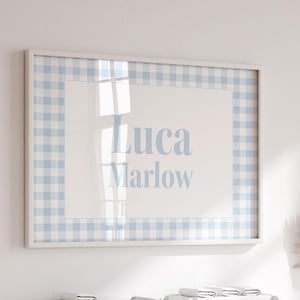 Custom First and Middle Name on Blue Gingham Digital Print, Personalized Wall Art for Baby Girl and Baby Boy Vintage Nursery