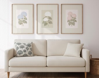 Set of 3 Hydrangeas Prints: Blue, White and Pink Farmhouse Cottagecore Hand Drawn Flowers