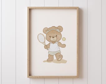 Teddy Bear Tennis Nursery Print: Sage Green Watercolor Art (Digital Download)