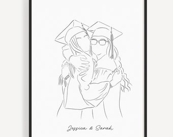 custom graduation best friends portrait, personalized high school college or university student grad prom keepsake gift