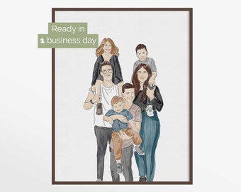 Family Portrait hand painted in watercolor from photo, custom mother's day or father's day gift or gift for grandparents from children