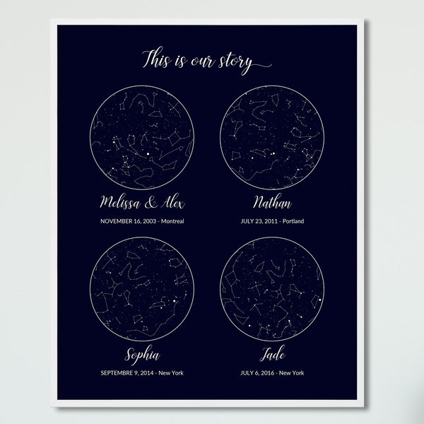 4 Location Custom Star Map Night Sky Chart Constellation Personalized Mothers Day Gift For Family Couple Wife Husband Parents