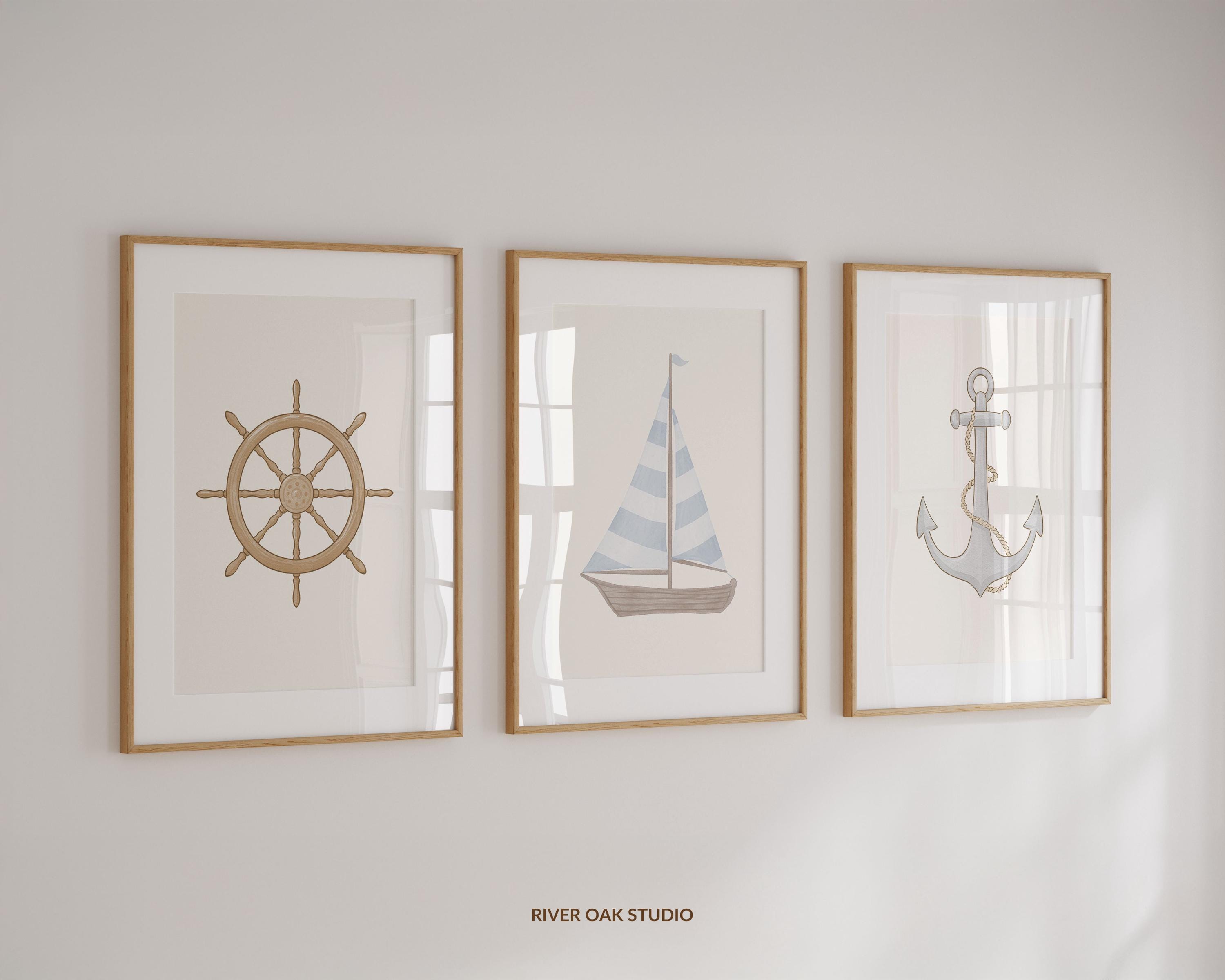 Set of 3 Nautical Wall Art with Pastel Blue Sailboat Boat Steering Wheel Anchor Prints for Beach Nursery coastal toddler child bedroom decor